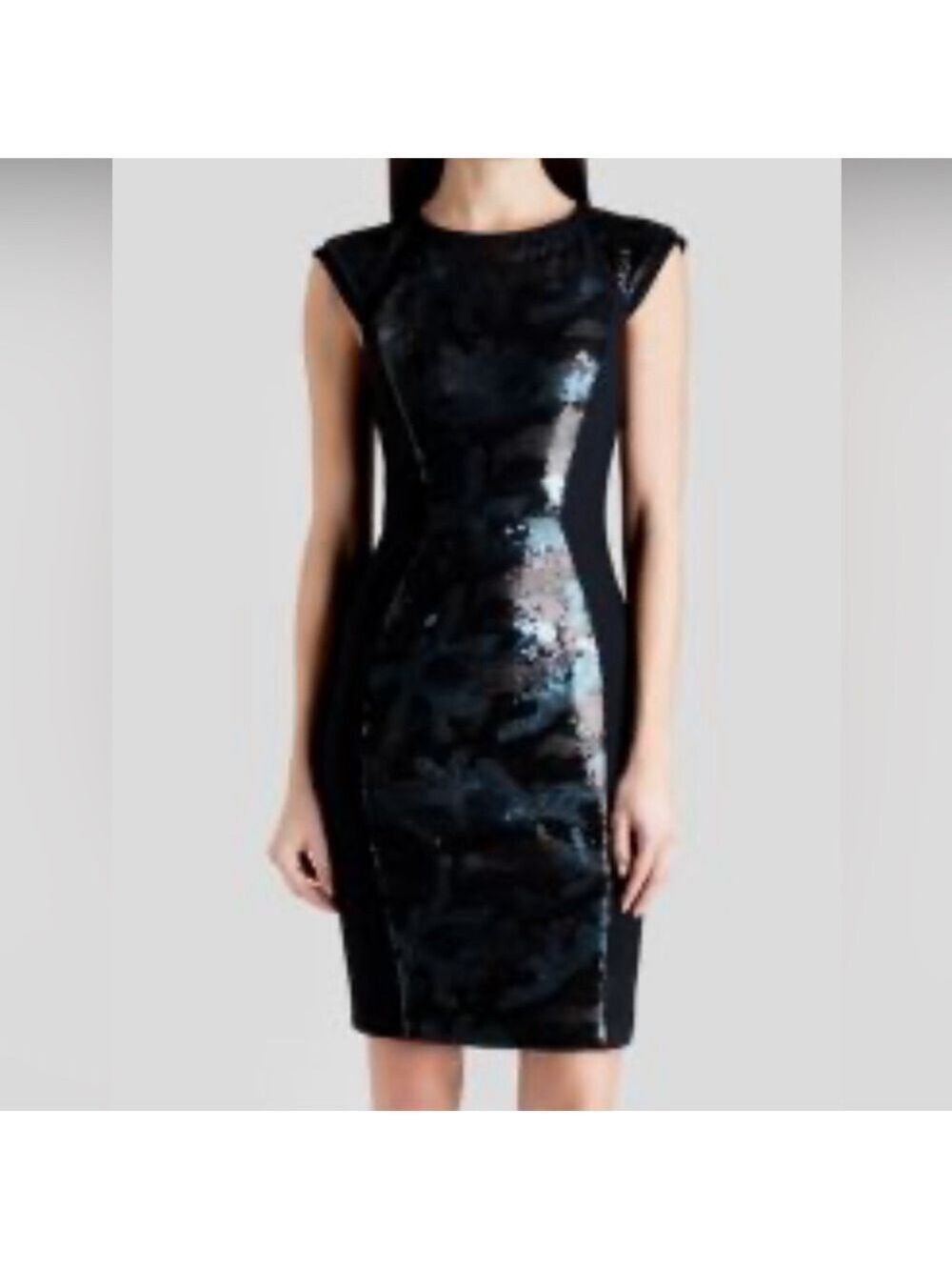 Ted Baker Namora camouflage Black and Blue Sequin Sheath Dress size 4